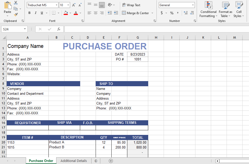 Example of executing the purchase order in Excel file