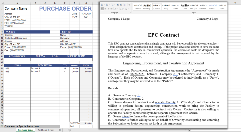 Processing Purchase Orders with Excel and executing Contract with Word