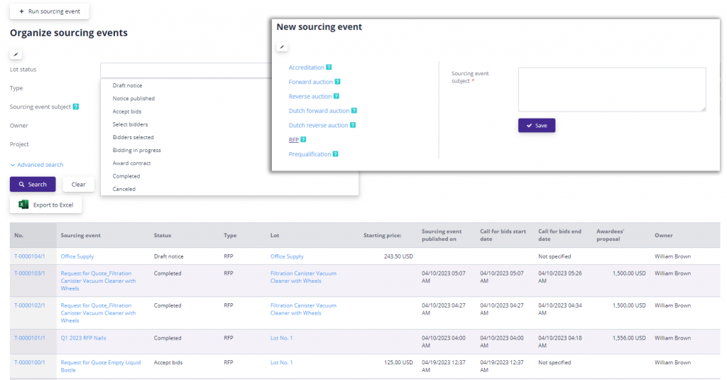 Initiating sourcing event through a software