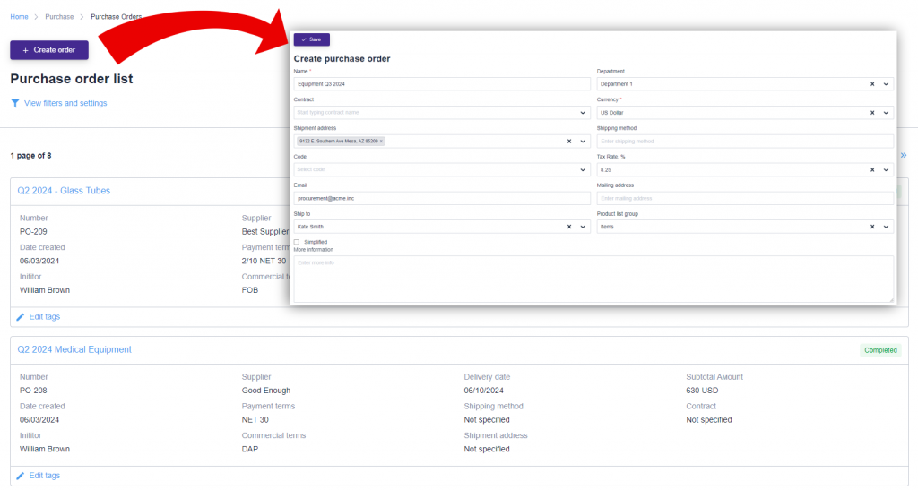 Purchase Order repository in a software